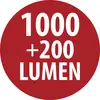 Czerwona okrągła odznaka z białym tekstem „1000 +200 LUMEN" wskazująca 1000 plus 200 lumenów.