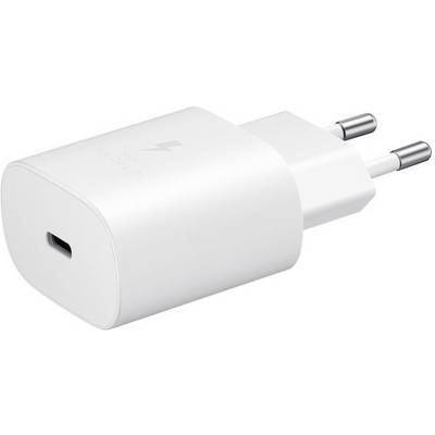 Biały adapter ładujący USB z wtyczką europejską, leżący na boku, przedstawia złącze USB-C od przodu.
