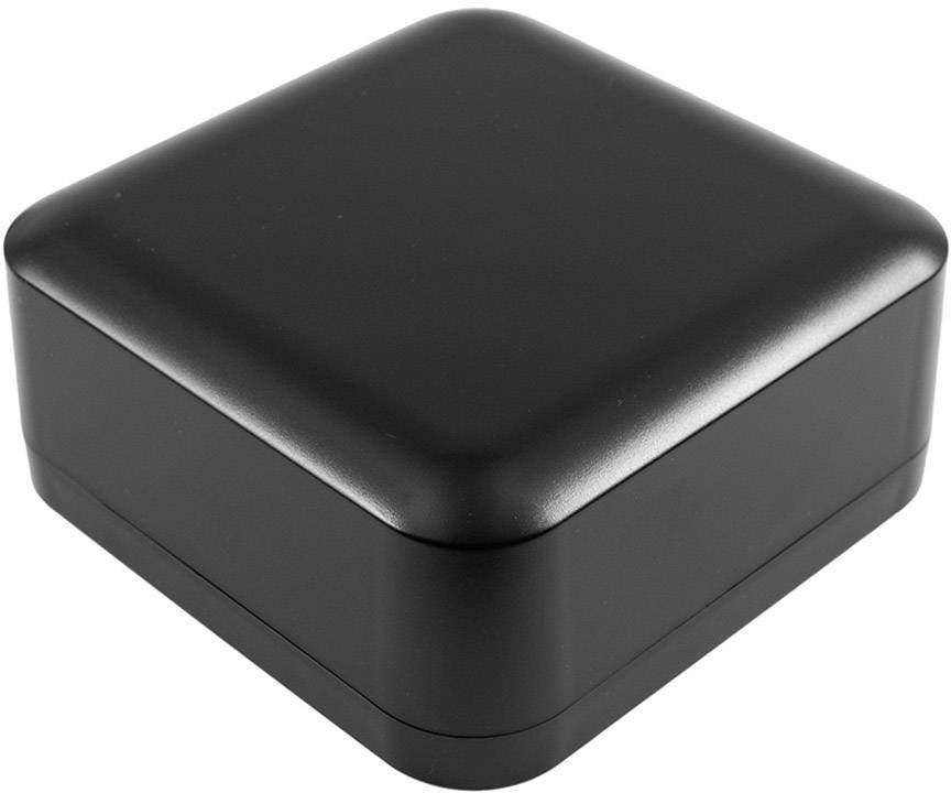 Czarna, kwadratowa pudełko o zaokrąglonych narożnikach; prawdopodobnie opakowanie na biżuterię lub małe przedmioty.
