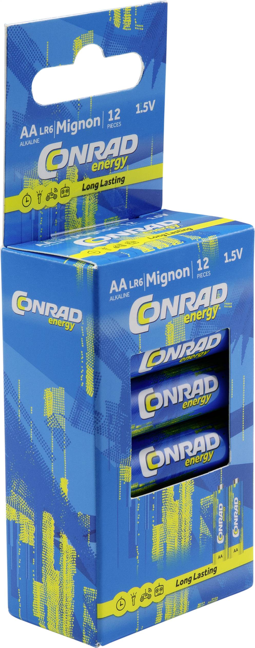 Baterie 'Conrad energy', rozmiar AA, 12 sztuk w niebieskim kartonie z żółtymi i niebieskimi grafikami, 1,5V, długotrwałe.