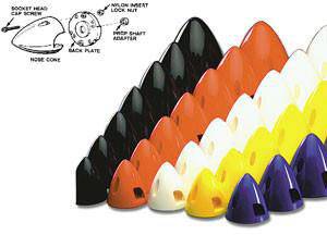 Różnokolorowe śmigłowe nakładki na śmigła ułożone w rzędach. Rysunek techniczny w lewym górnym rogu przedstawia części montażowe śmigieł.