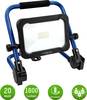 Niebieski, przenośny reflektor LED na solidnym stojaku. Ma moc 20 watów, 1600 lumenów i można go ładować.