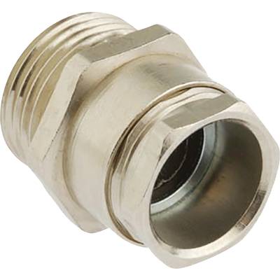Metalowy element złączny rury z gwintem, o kształcie cylindrycznym i nakrętką sześciokątną.