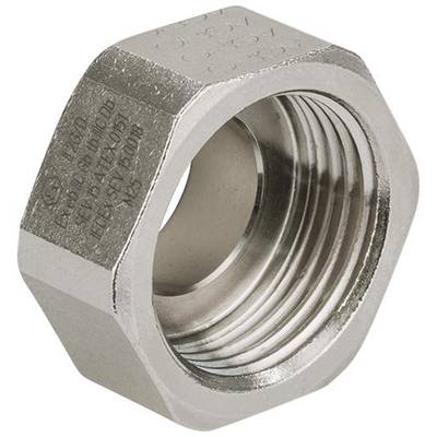 Sześciokątna nakrętka metalowa z gwintem wewnętrznym, w kolorze srebrnym, leżąca lekko skośnie. Jest stosowana w połączeniach mechanicznych.