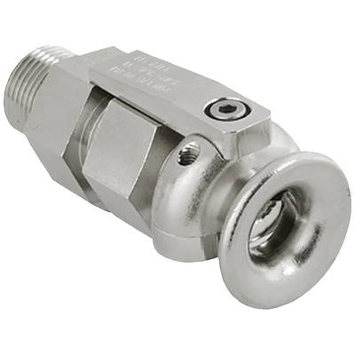 Srebrny metalowy zawór o kształcie cylindrycznym, z gwintem śrubowym po jednej stronie i okrągłym przyłączem po drugiej. Stosowany do regulacji przepływu cieczy lub gazów.