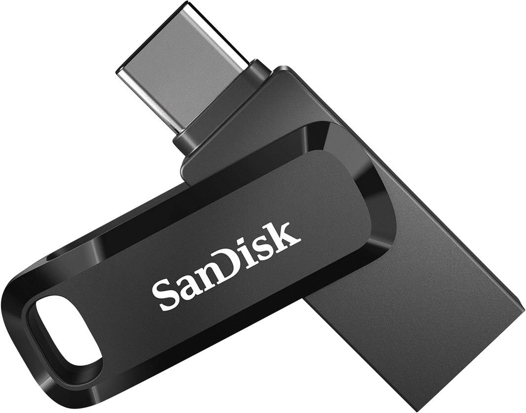 Czarny pendrive firmy SanDisk z złączem USB-C, lekko wysunięty, prezentuje kompaktowy, przenośny design.