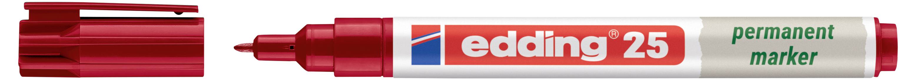 Czerwony marker permanentny Edding 25 z usuniętą nasadką, widoczny jest czerwony koniec skośny i szara tuba oznaczona napisami "edding 25" i "permanent marker".