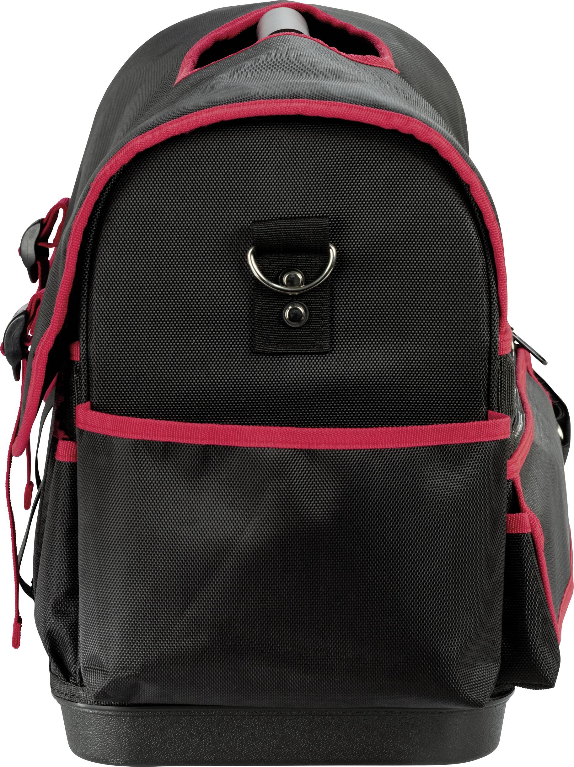 Czarny plecak z czerwonymi akcentami, wieloma kieszeniami i metalowym kółkiem z przodu. Idealny do podróży lub do codziennego użytku.
