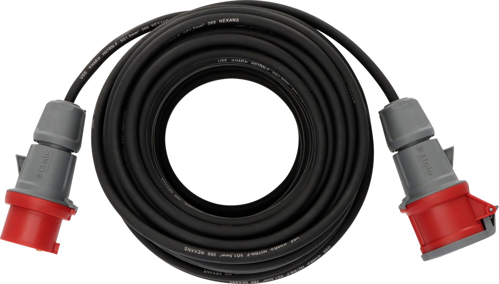 Czarny kabel zasilający z czerwonymi złączami na obu końcach, najczęściej stosowany w zastosowaniach przemysłowych lub podczas imprez.