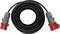 Czarny kabel zasilający z czerwonymi złączami na obu końcach, najczęściej stosowany w zastosowaniach przemysłowych lub podczas imprez.