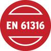 Czerwony znak kołowy z białym tekstem 'EN 61316' pośrodku, otoczony poziomymi liniami u góry i u dołu.