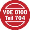 Czerwona tarcza z białym napisem 'VDE 0100 Część 704'.