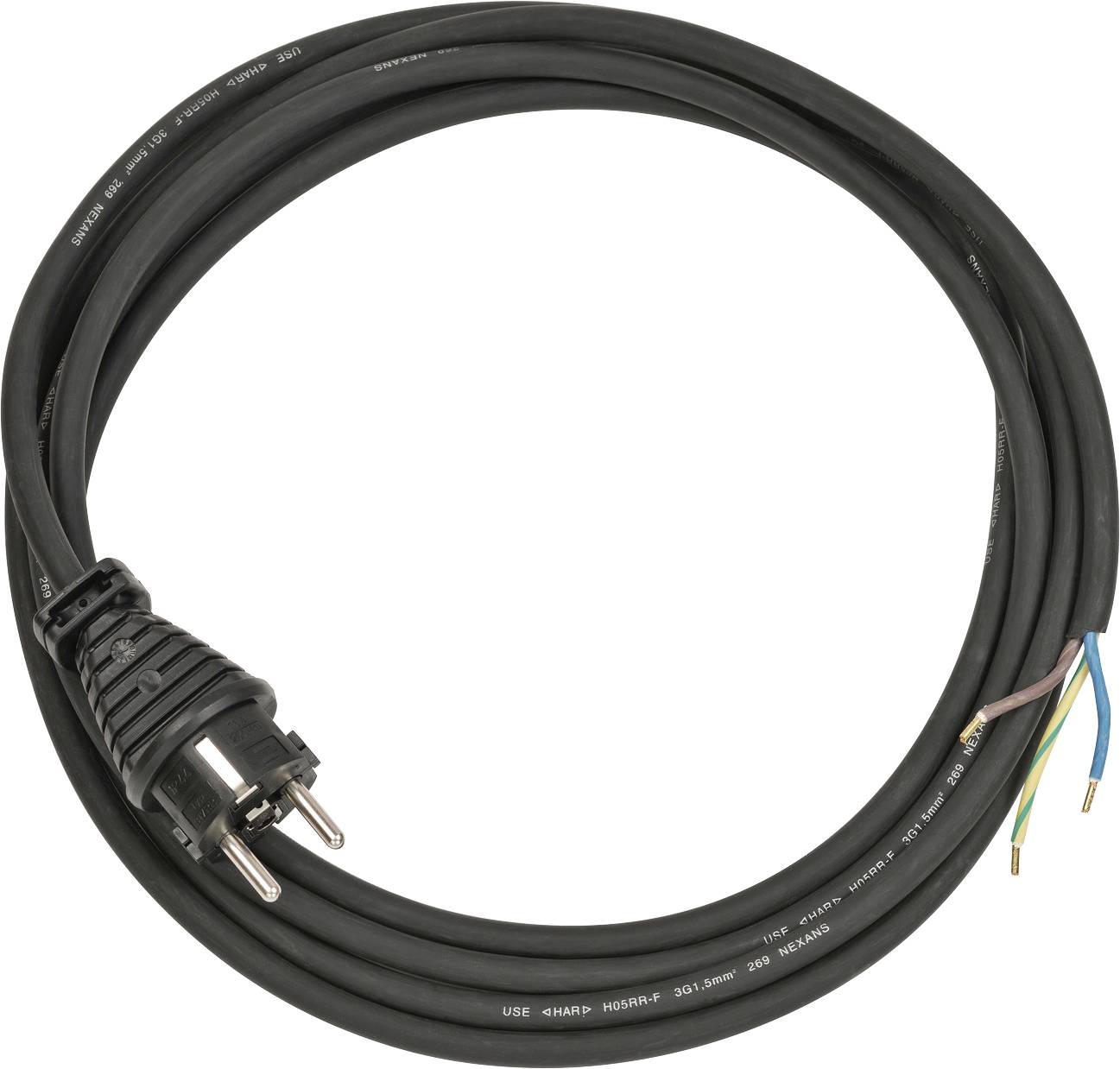 Czarny splecionego kabel zasilający z europejską wtyczką na jednym końcu i odsłoniętymi przewodami na drugim końcu.