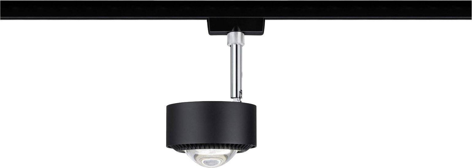 Czarna lampa sufitowa z cylindryczną obudową i regulowanym uchwytem, zamontowana na szynie.