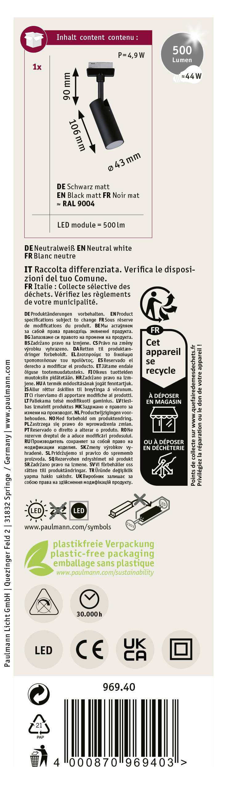 Czarna anodowana aluminiowa lampa LED, 500 lm, 5,4W, możliwa do recyklingu. W zestawie elementy montażowe. Wskaźnik energii, kod QR, symbole recyklingu i efektywności.