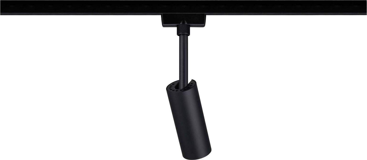 Czarna lampa sufitowa w kształcie cylindra, zawieszona na szynie. Minimalistyczny design, idealna do nowoczesnych wnętrz.