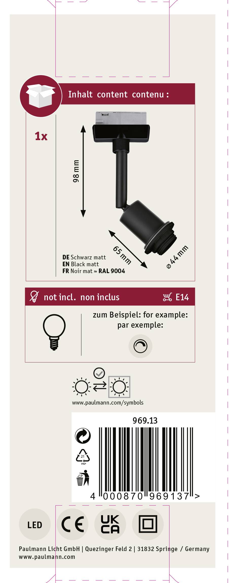 Opakowanie systemu oświetlenia LED z wymiarami i wskazówkami montażowymi. Zawiera symetryczny projekt z informacjami o kolorze i numerze modelu.
