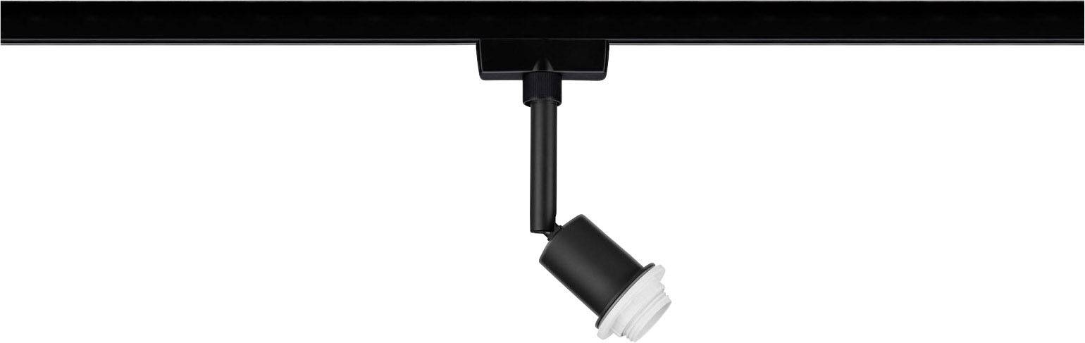 Reflektor punktowy zamontowany na szynie, skierowany w dół. Prosty, nowoczesny design.