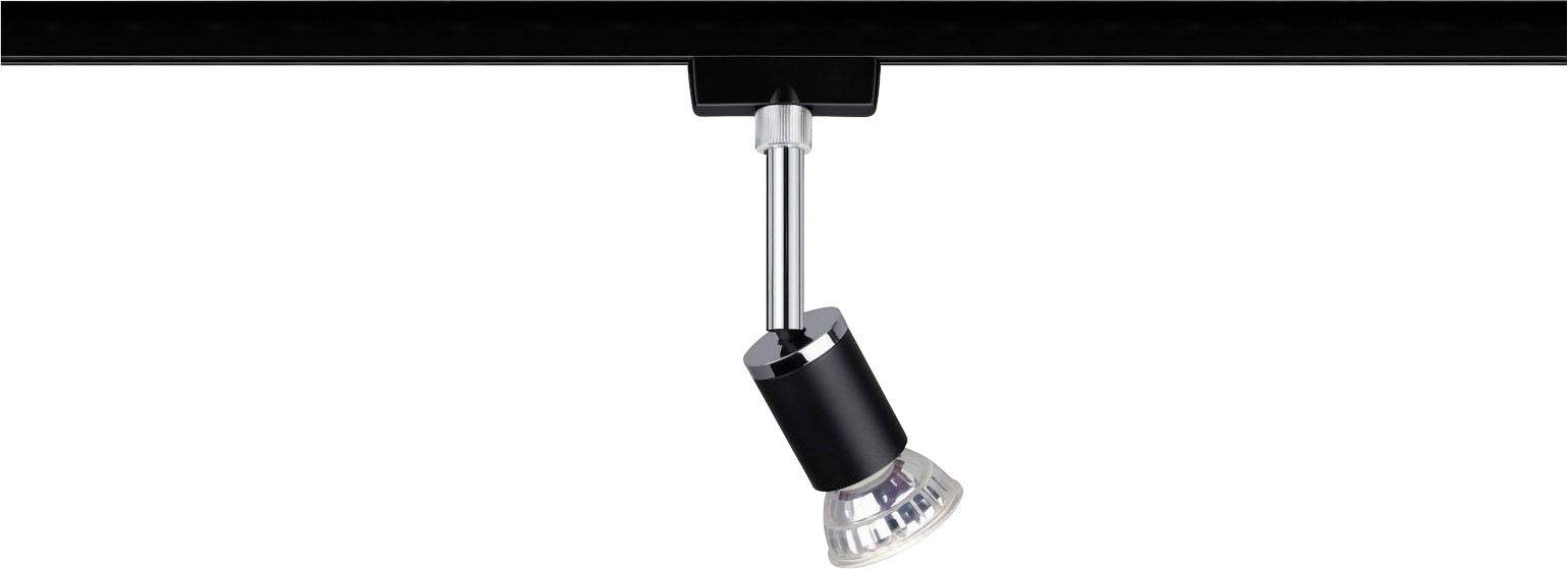 Pojedynczy czarny reflektor jest zamontowany w uchwycie na suficie i świeci w jednym kierunku.