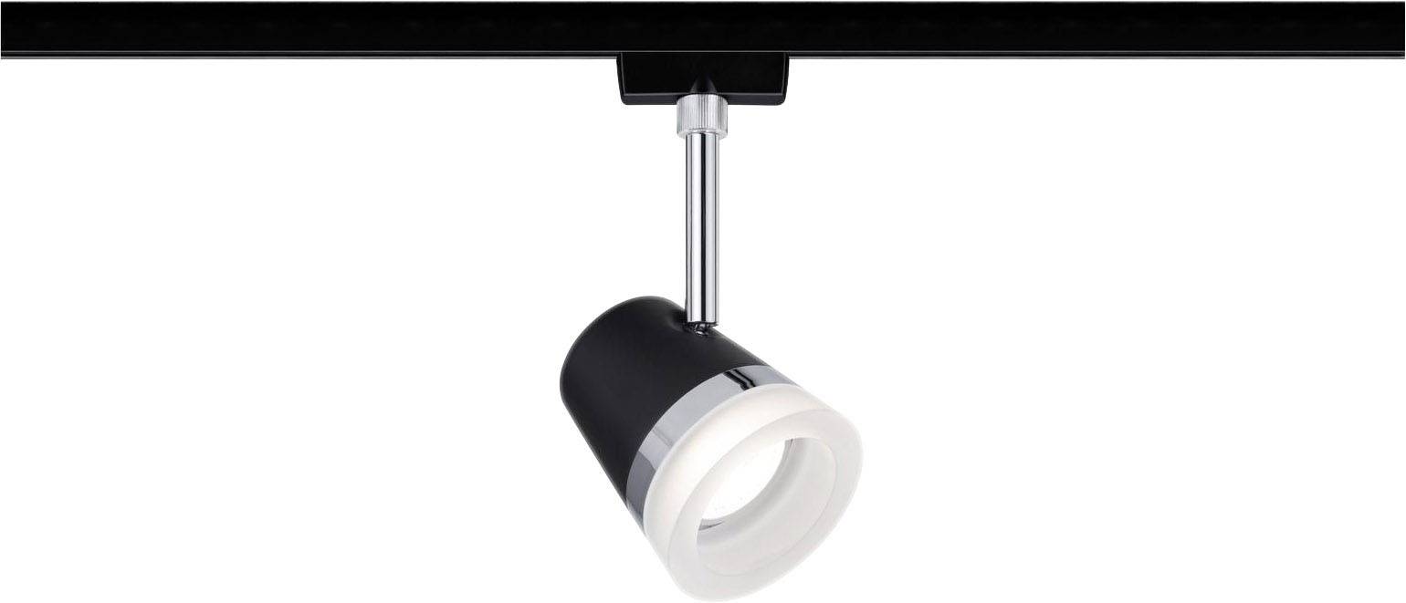 Czarna lampa sufitowa z regulowanym cylindrycznym reflektorem wykonanym z metalu i szkła, odpowiednia do systemów szynowych, do nowoczesnego oświetlenia wnętrz.