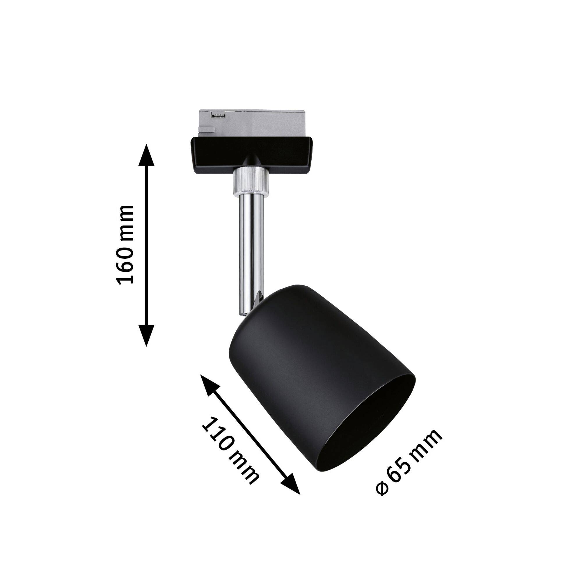 Czarna lampa sufitowa z regulowanym reflektorem. Wymiary: wysokość 160 mm, szerokość 110 mm, średnica oprawy 65 mm.
