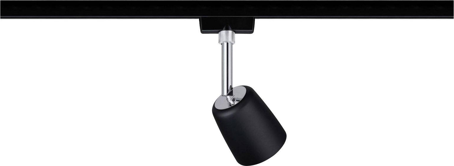 Czarny reflektor sufitowy na szynie, regulowany, przeznaczony do precyzyjnego doświetlania określonego obszaru pomieszczenia.