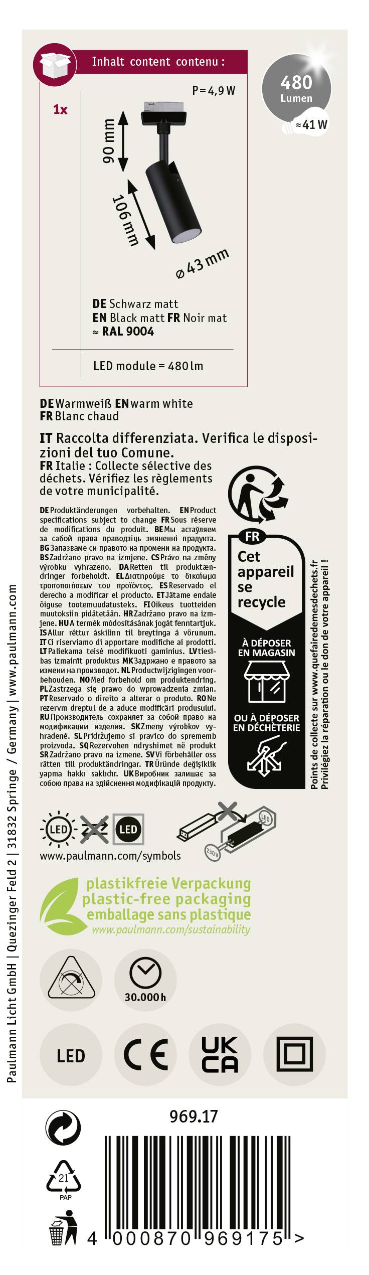 Spot LED GU10, 4,3W, 450 lumenów, odpowiednik 40W. Barwa światła: 4000K. Niedająca się ściemniać. Klasa efektywności energetycznej F. Żywotność: 15.000 godz.
