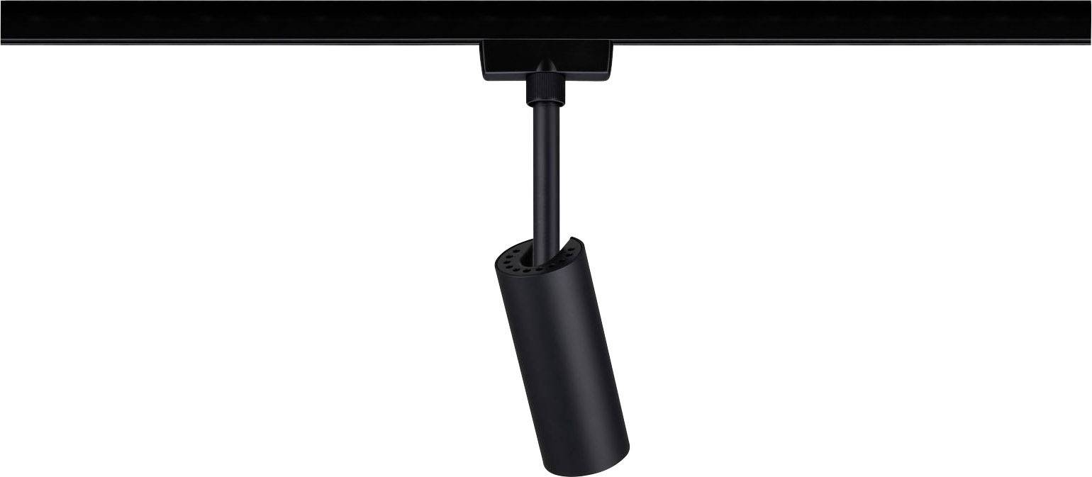 Czarny, cylindryczny reflektor LED zamocowany na suficie, skierowany w dół, odpowiedni do precyzyjnego oświetlenia.