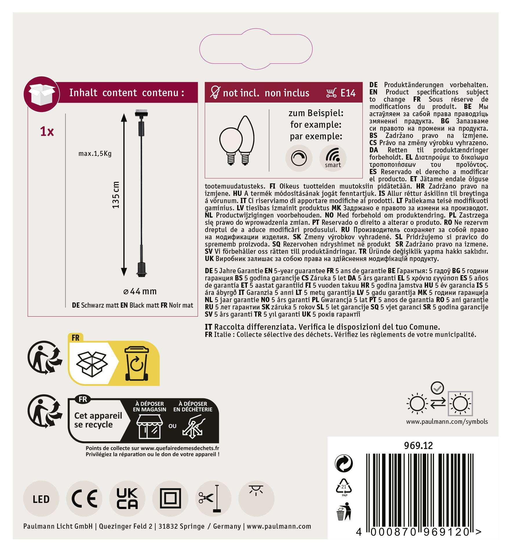 Tylna strona produktu przedstawia lampę LED z wymiarami, symbolami recyklingu i instalacji oraz wielojęzycznymi wskazówkami bezpieczeństwa.