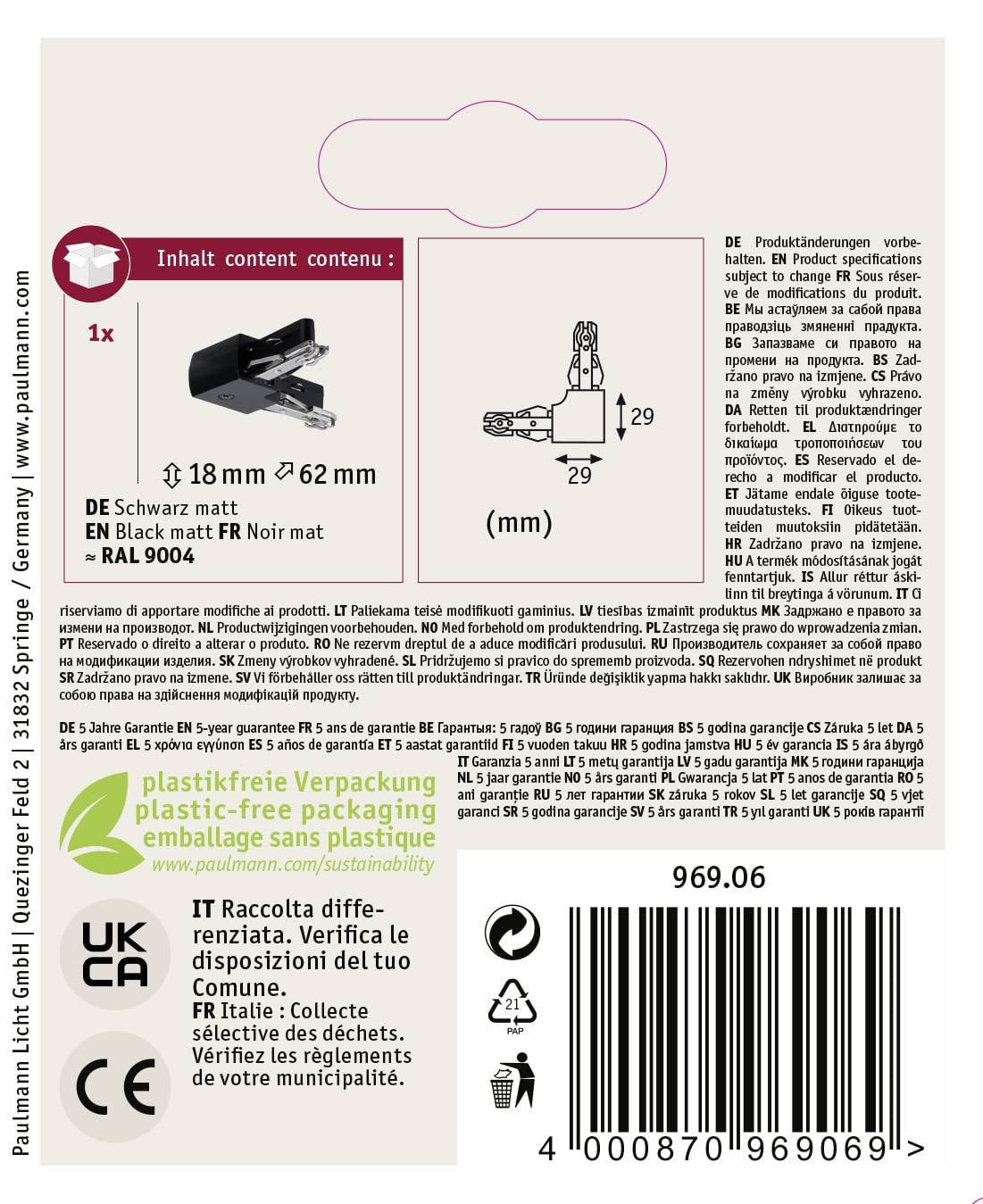 Na opakowaniu produktu widnieje napis 'DE Schwarz matt EN Black matt FR Noir mat'. Opakowanie zawiera obraz wtyczki o wymiarach 18 mm x 62 mm.