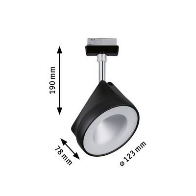 Czarna lampa sufitowa w kształcie stożka o wymiarach: wysokość 190 mm, średnica 123 mm, głębokość 78 mm.