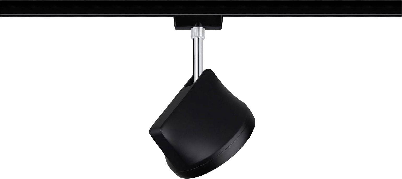 Czarny, nowoczesny reflektor zamontowany jest na szynie, gotowy do indywidualnego oświetlenia.
