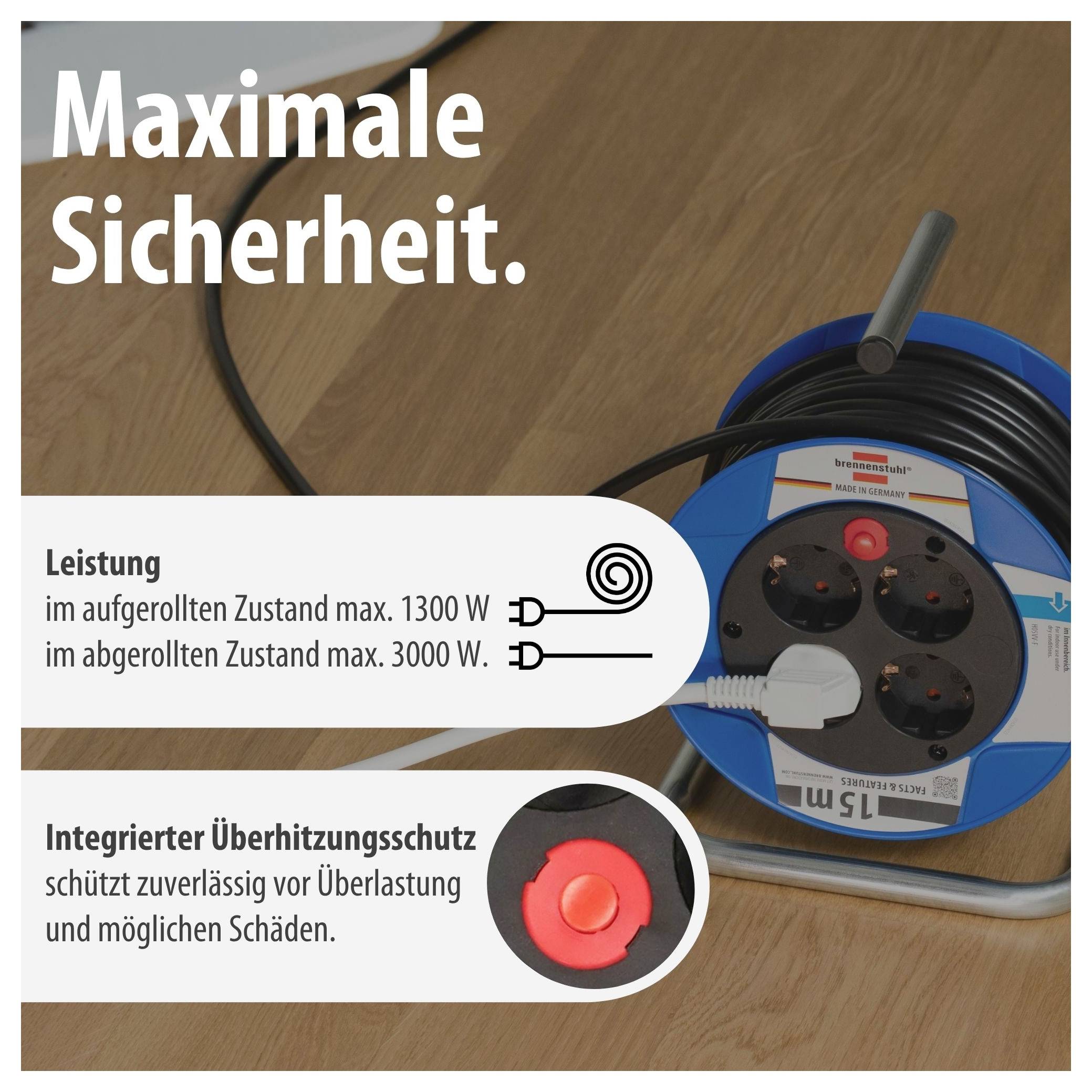 Ogłoszenie reklamowe dla bębna kablowego z tekstem „Maksymalne bezpieczeństwo", parametry mocy 1300 W/3000 W i zintegrowaną ochroną przed przegrzaniem.