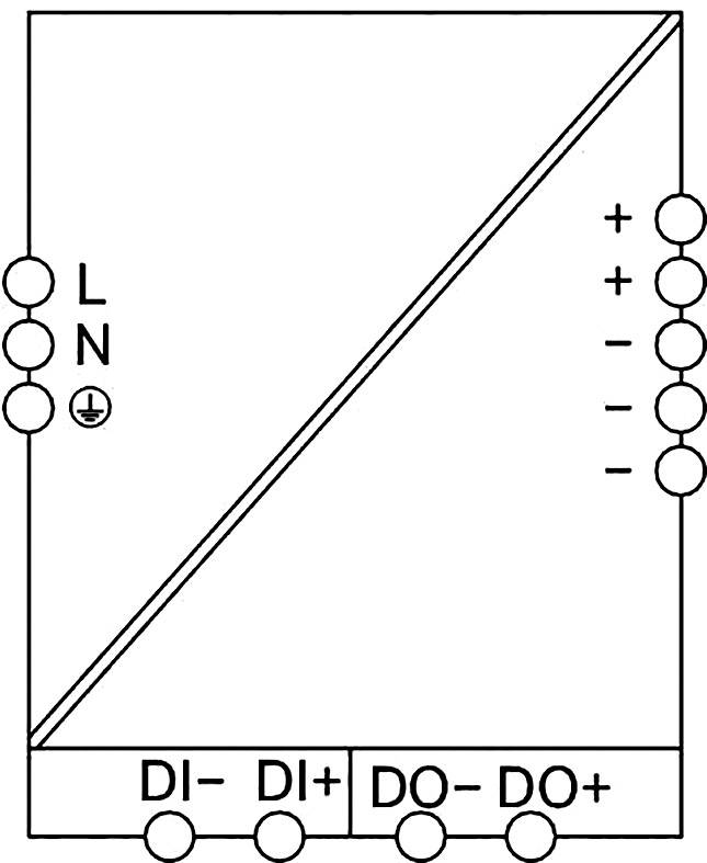 Schemat elektrycznego obwodu z przyłączami po obu stronach, opisanymi jako 'L', 'N', '+' i '-'.