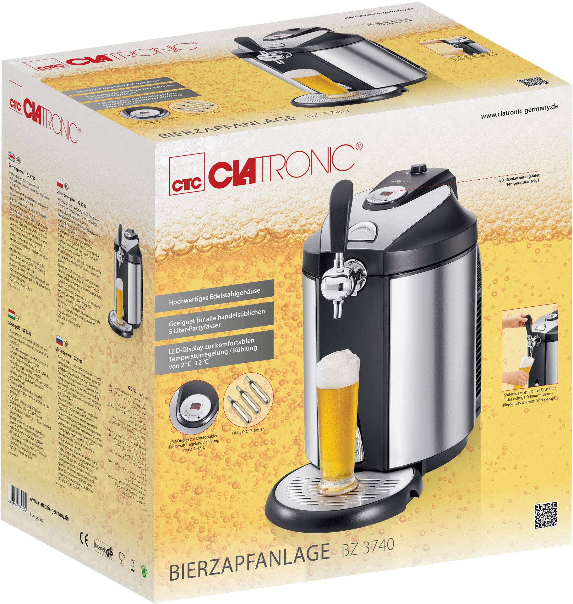 Nalewak do piwa w obudowie ze stali nierdzewnej na opakowaniu. Zdjęcie produktu przedstawia urządzenie z nalanymm kuflem piwa. Marka: Clatronic.