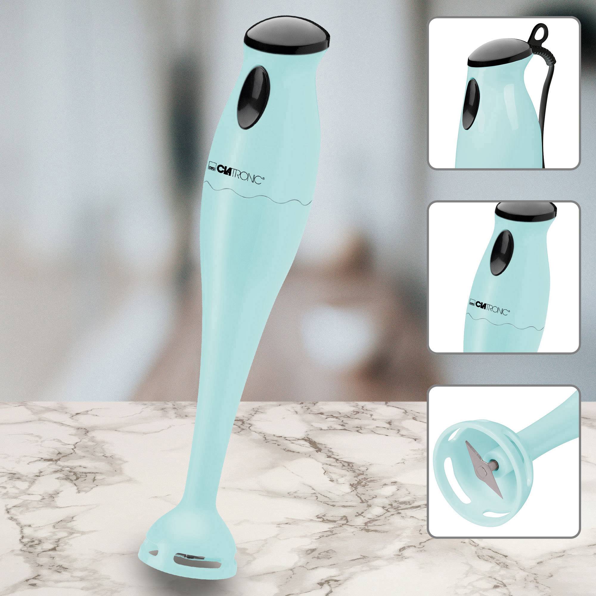 Turkusowy blender ręczny z nasadką, umieszczony na jasnej, marmurowej powierzchni. Trzy zdjęcia szczegółowe przedstawiają różne ujęcia.
