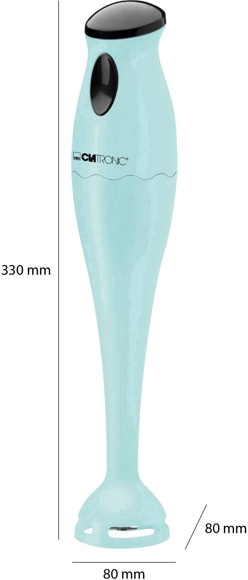 Turkusowy blender ręczny, wysoki na 330 mm i szeroki na 80 mm, z logo na obudowie.