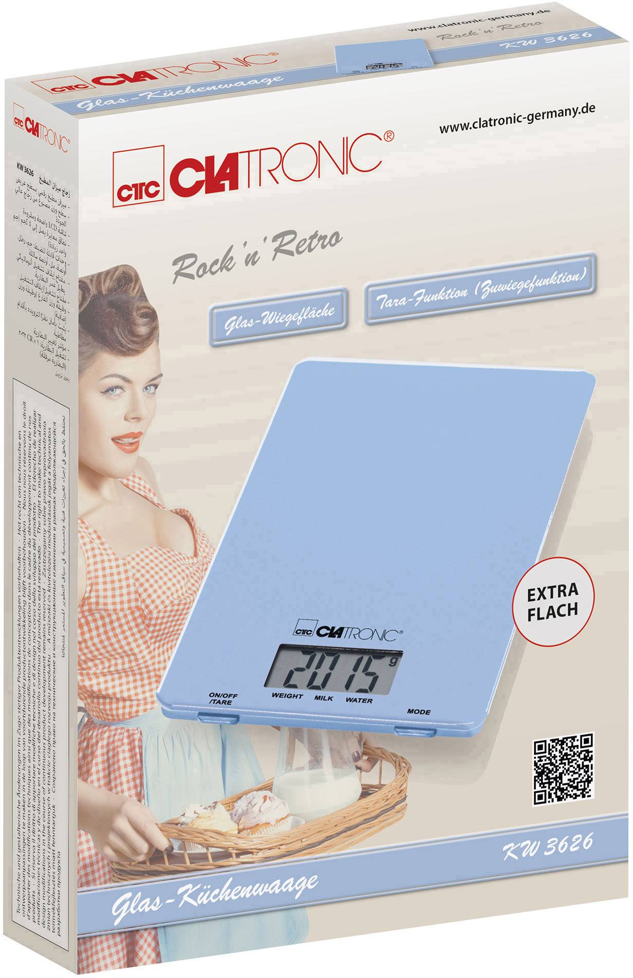 'Clatronic Szklana waga kuchenna RW 3626' opakowanie przedstawia kobietę w stylu retro z wagą w kolorze niebieskim. Cechy: szklana powierzchnia higieniczna, funkcja tary.