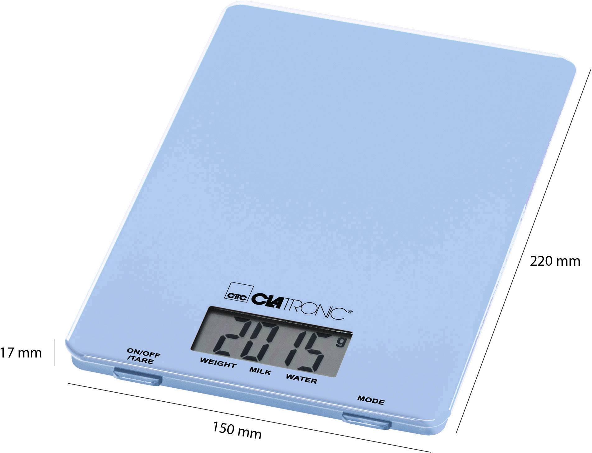 Niebieska waga kuchenna z wyświetlaczem cyfrowym wskazuje '2015 g'. Wymiary: 220 mm x 150 mm x 17 mm. Funkcje: Włączanie/Wyłączanie, Tara, Tryb.