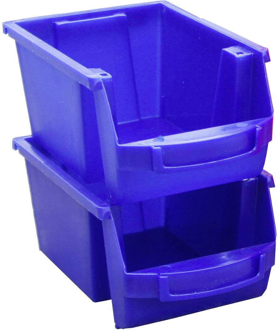 Dwa ułożone na sobie niebieskie plastikowe pojemniki z otwartymi frontami, odpowiednie do przechowywania małych przedmiotów.