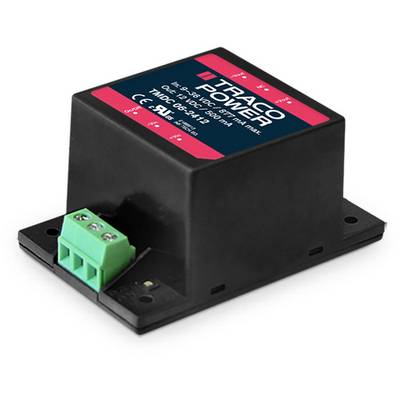 Obraz przedstawia czarny moduł elektryczny z czerwoną naklejką wskazującą markę 'TRACO POWER'. Posiada on zielone zaciski przyłączeniowe.