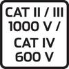 Napis 'CAT II/III 1000 V / CAT IV 600 V' na czarnym tle, wskazujący kategorie bezpieczeństwa elektrycznego oraz poziomy napięcia.