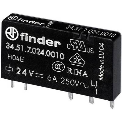 Czarne przekaźniki Finder, numer modelu 34.51.7.024.0010, o specyfikacjach: 24V, 6A, 250V, „Made in EU".