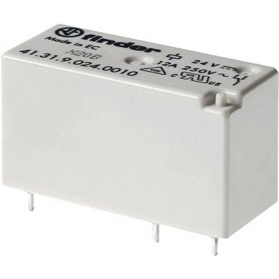 Przekaźnik Finder, cewka 24V DC, obciążalność styków 12A/250V AC, model 41.31.9.024.0010. Kształt prostokątny, biała obudowa, cztery piny.