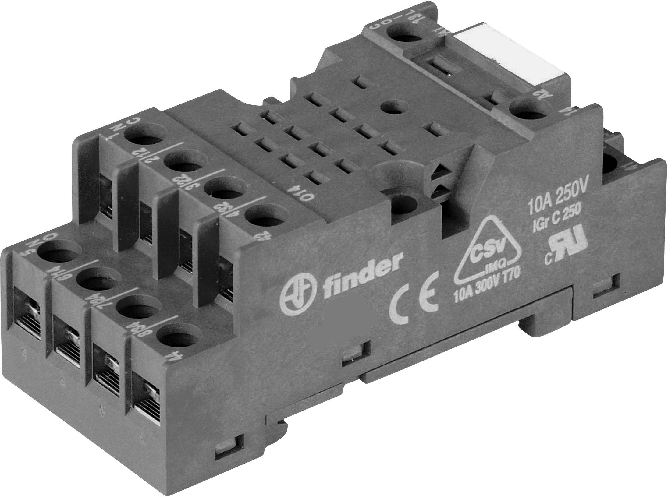 Gniazdo przekaźnika Finder, model 95.05, do zastosowań 10A, 250V. Odpowiednie do automatyzacji przemysłowej i techniki sterowania.