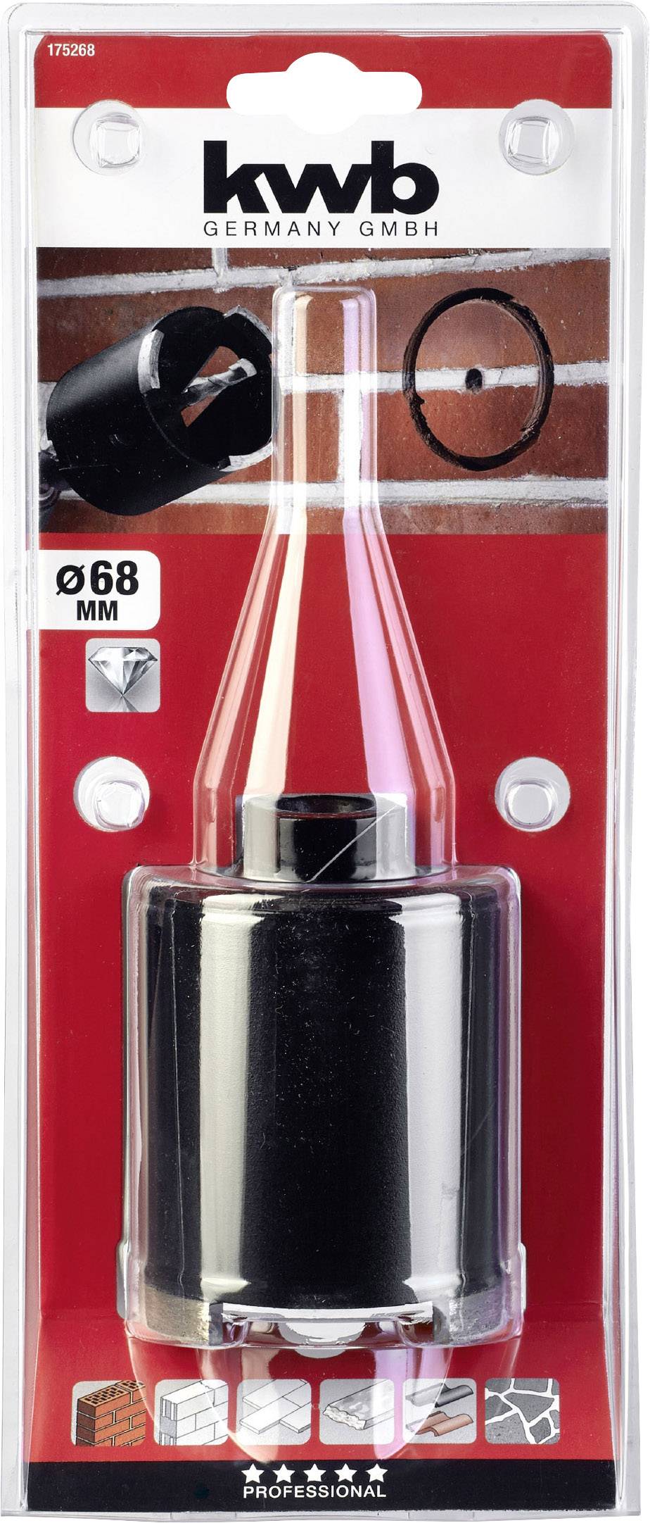 Piła otwornica w opakowaniu 'kwb GERMANY GMBH', odpowiednia do cegły. Średnica: 68 mm. Przykładowa ilustracja muru.