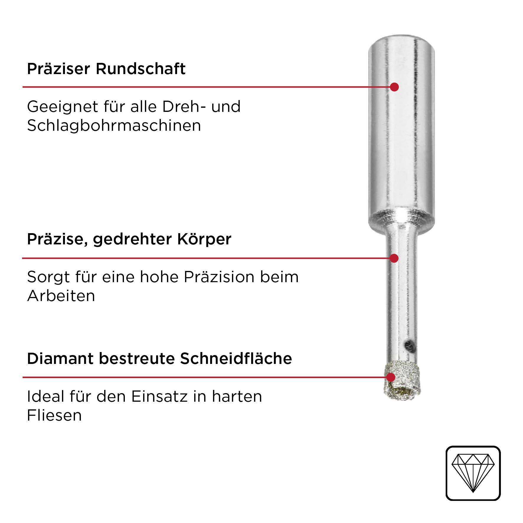'Wiertło diamentowe z precyzyjnym trzpieniem okrągłym, odpowiednie do wiertarek obrotowych i udarowych. Zapewnia wysoką precyzję, idealne do twardych płytek.'