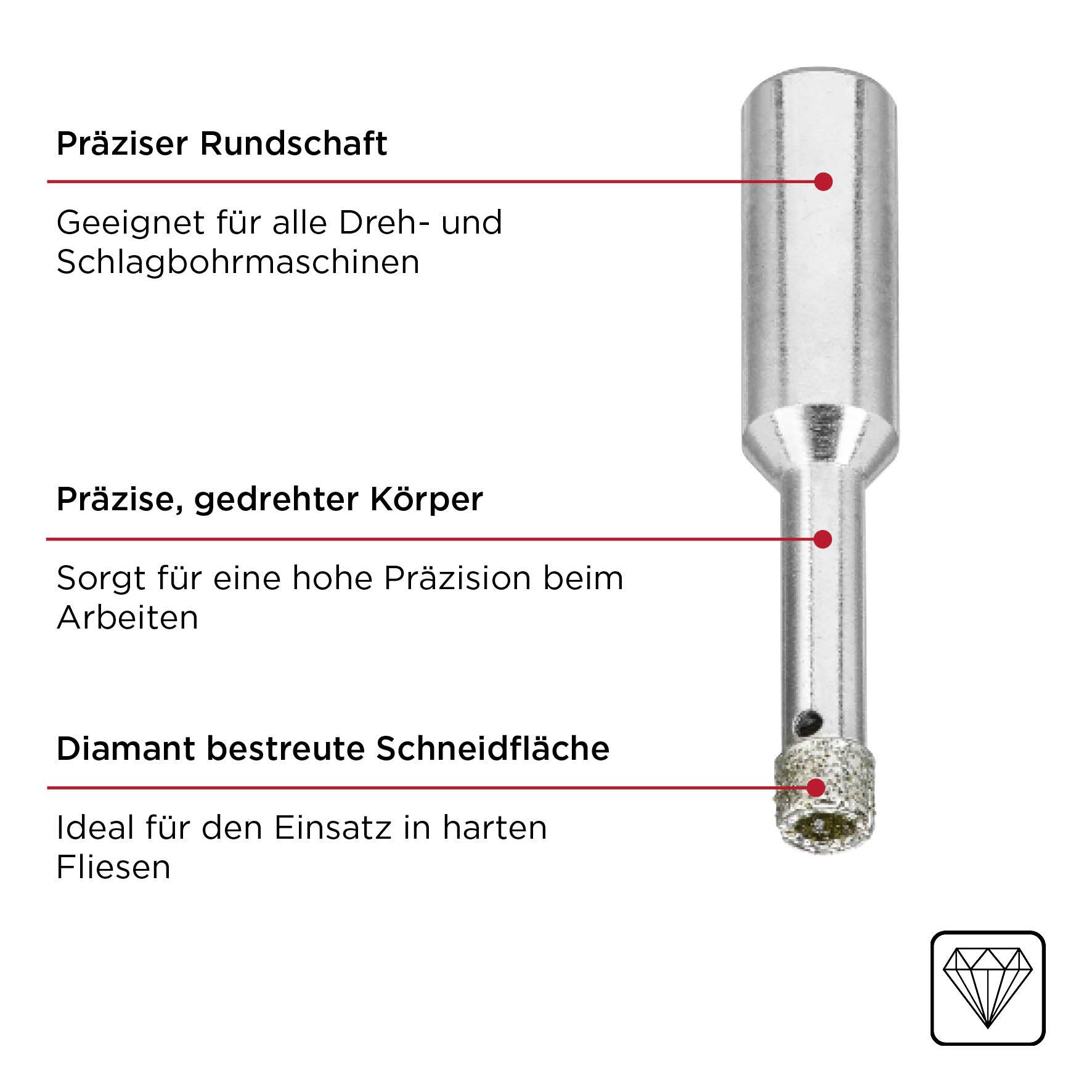 Wiertło z precyzyjnym, okrągłym trzonem, odpowiednie do wiertarek obrotowych i udarowych. Toczony korpus i krawędź tnąca pokryta diamentem, przeznaczone do twardych płytek ceramicznych.