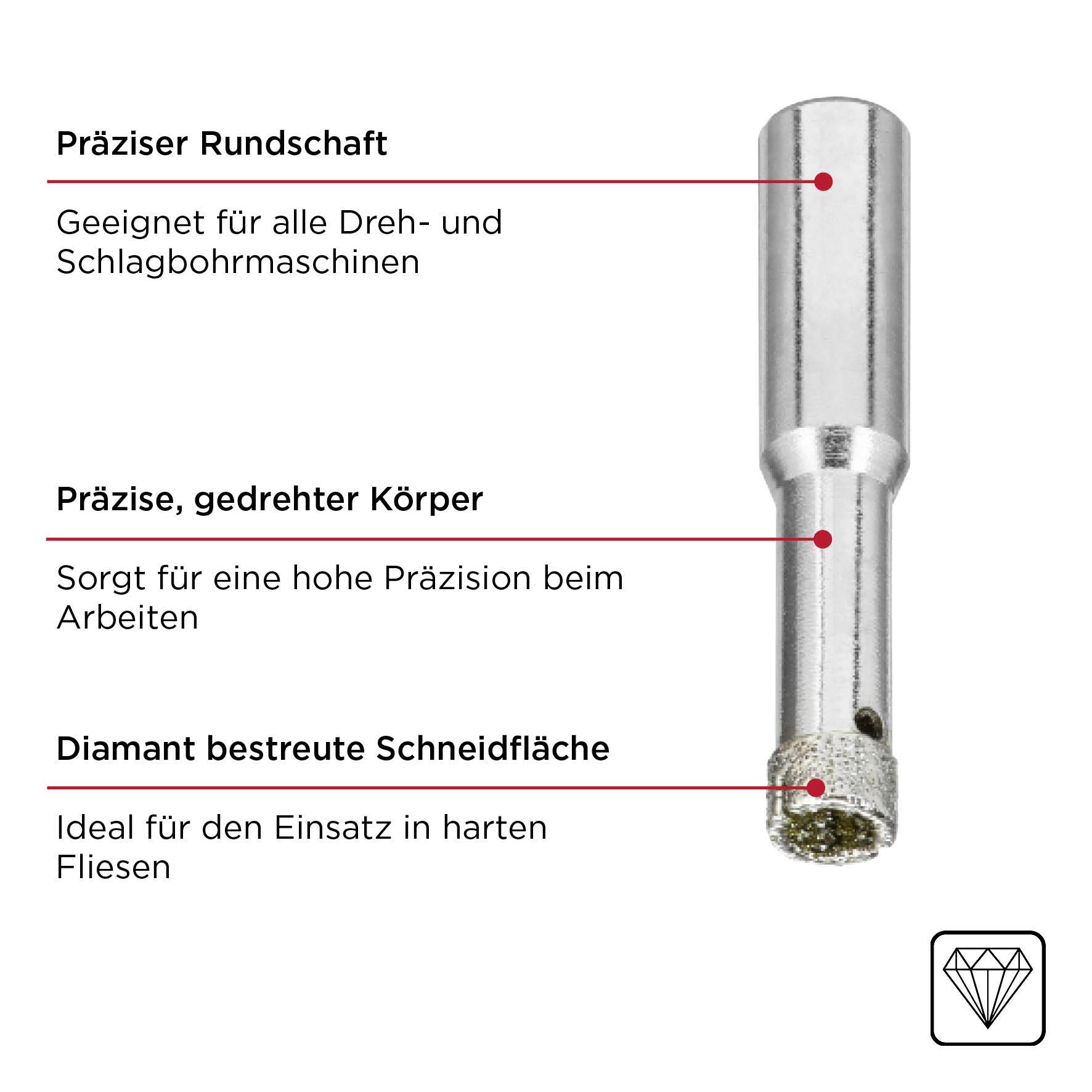 Wiertło metalowe z końcówką pokrytą diamentem. Opisy: 'Precyzyjna, okrągła łódź', 'Precyzyjnie toczony korpus', 'Powierzchnia tnąca pokryta diamentem'. Idealne do twardych płytek.