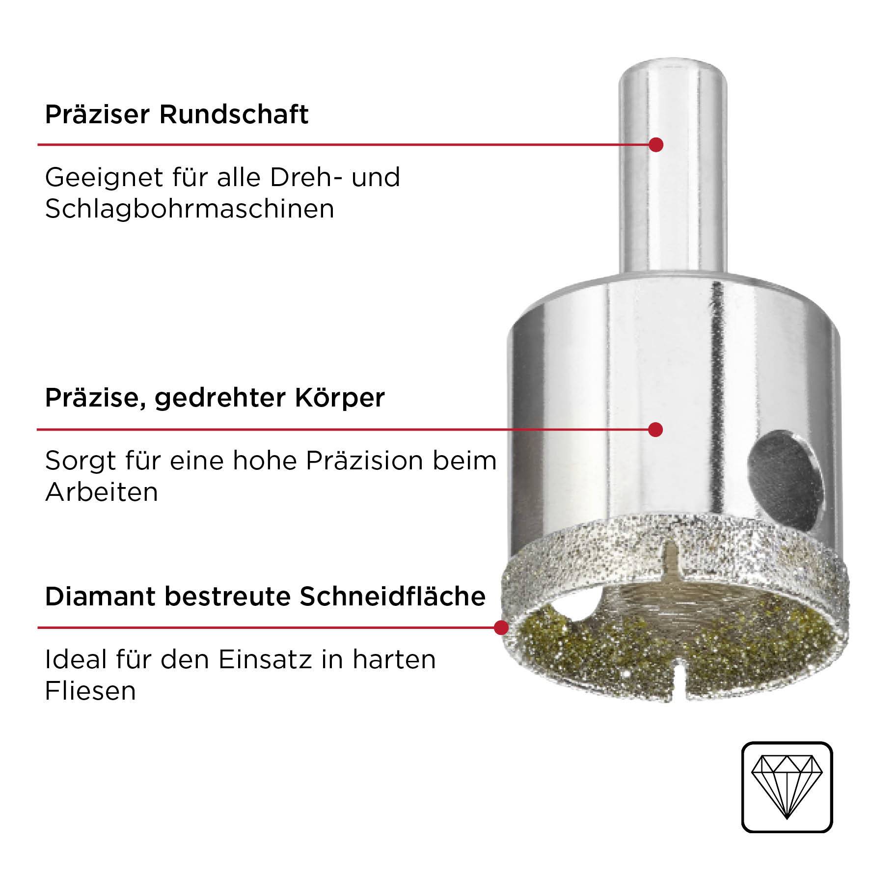 'Korona wiertnicza z precyzyjnym cylindrycznym trzonkiem, skręcanym korpusem i powierzchnią tnącą pokrytą diamentami. Odpowiednia do twardych płytek ceramicznych.'